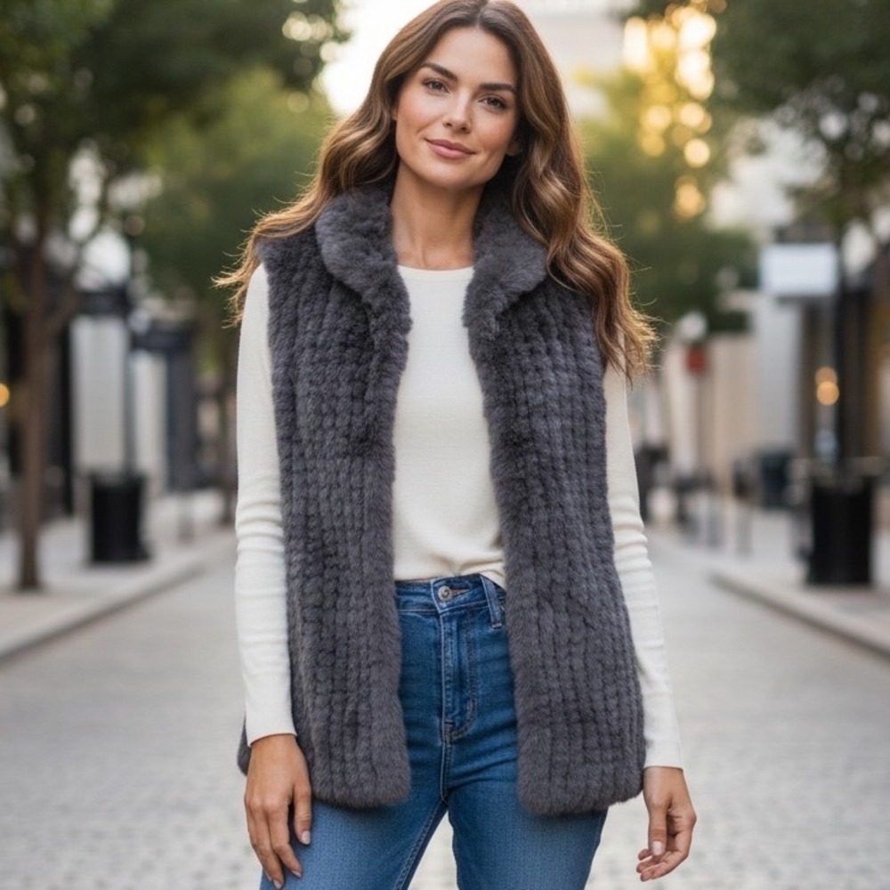 Fabulous Furs Knit Faux Fur Vest Grey‎ Softgirl Girly Old Money Small NEW
